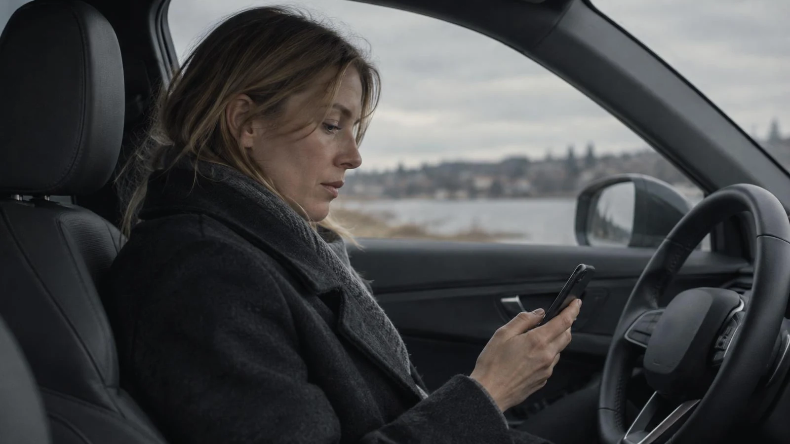 Person i förarsätet som håller en telefon med skärmen vänd bort.