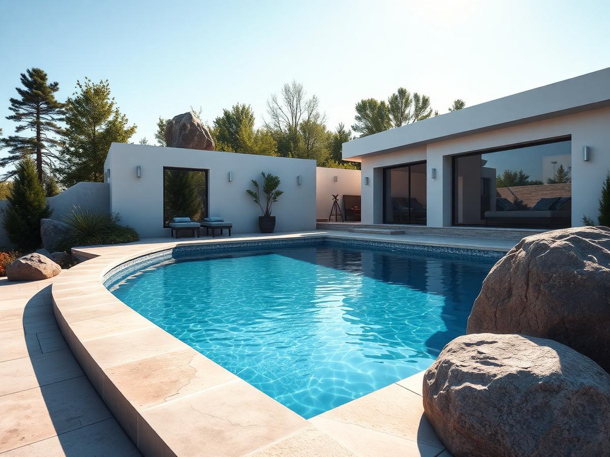 Platsbyggd betongpool med stenkant intill en modern putsad villa