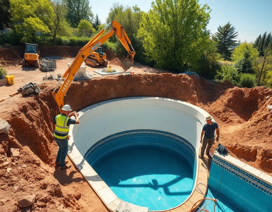 Poolbygge med maskin och montörer i en svensk trädgård