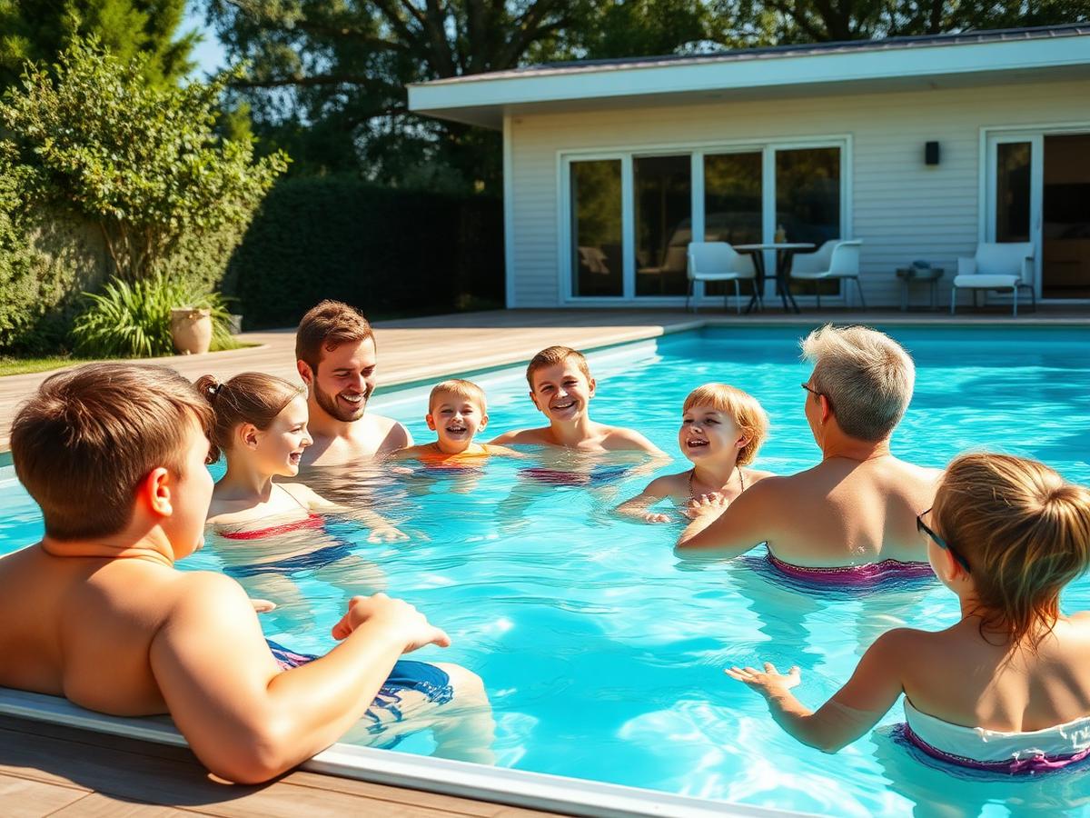 Familj som badar i en poolen på en ljus sommardag vid en skandinavisk villa
