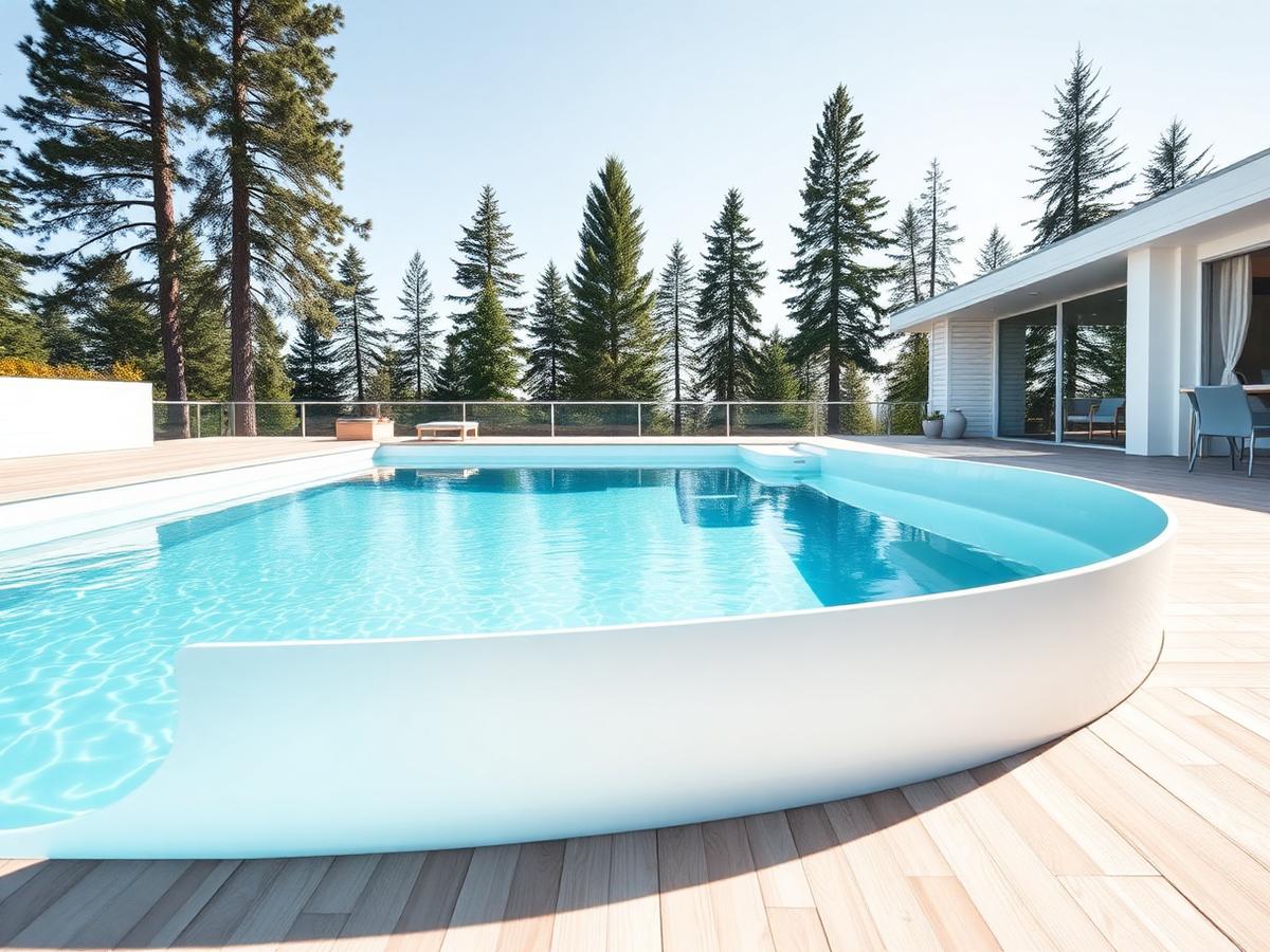 Nyinstallerad glasfiberpool vid ett ljust trädäck