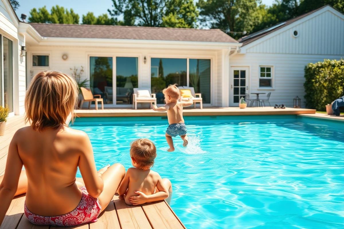 Barn som hoppar i poolen medan föräldrar sitter på trädäcket
