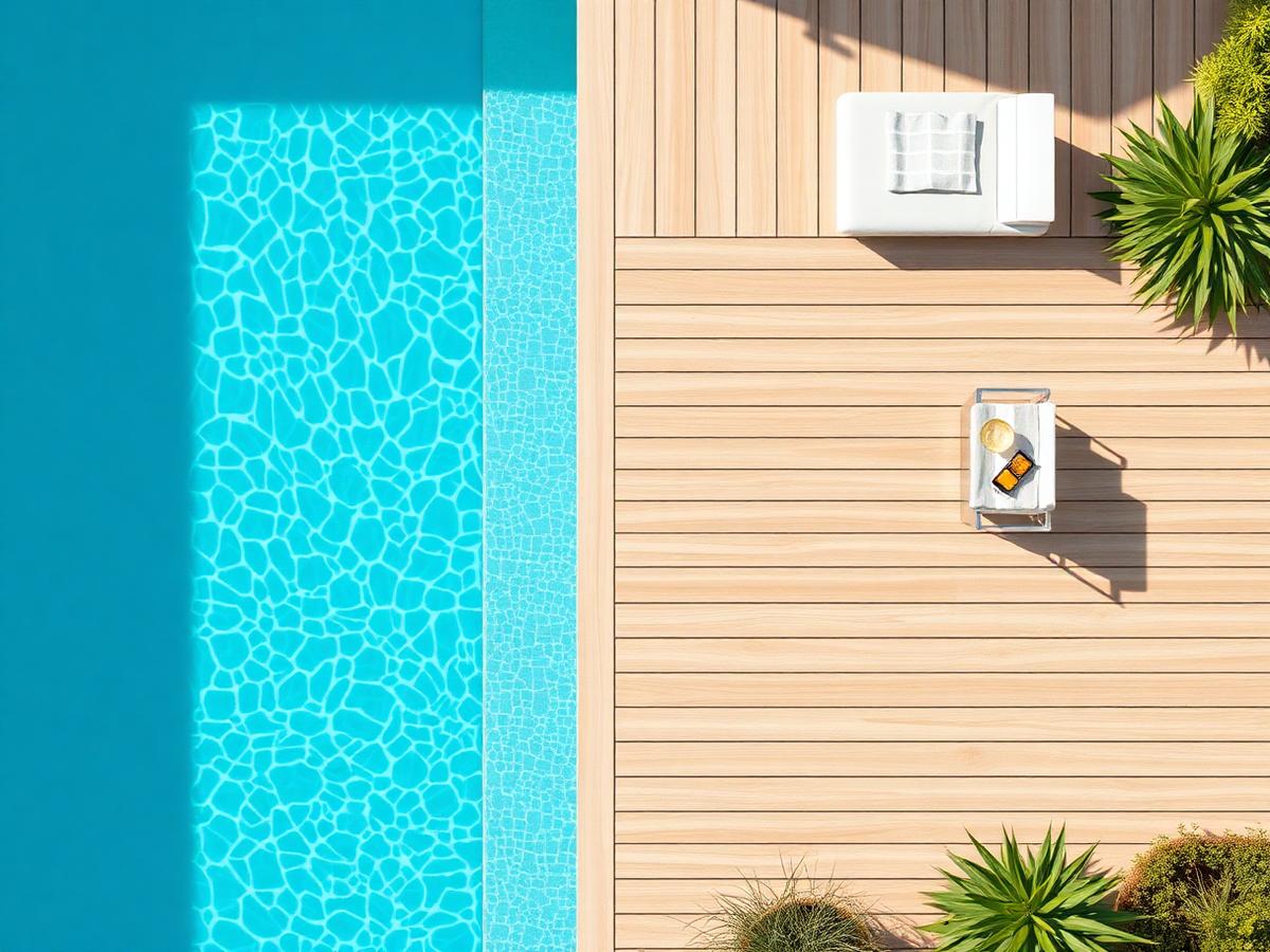 Rektangulär pool med turkost vatten sedd uppifrån bredvid ett ljust trädäck