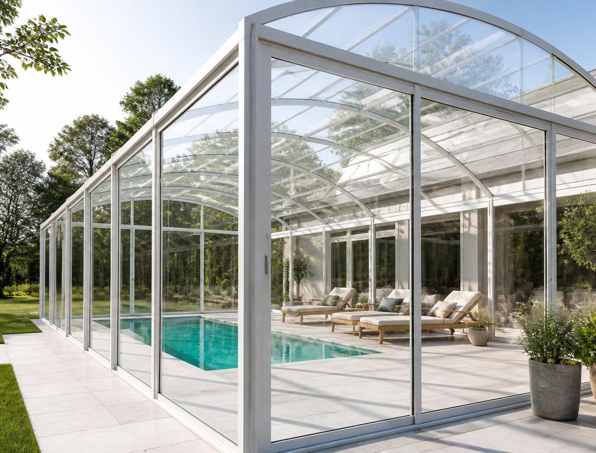 Högt pooltak över pool i ljus nordisk trädgård